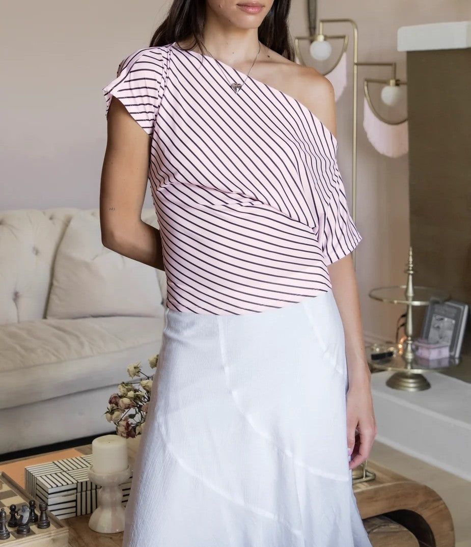 Blusa rayada asimétrica escote abierto manga corta con cintura fruncida