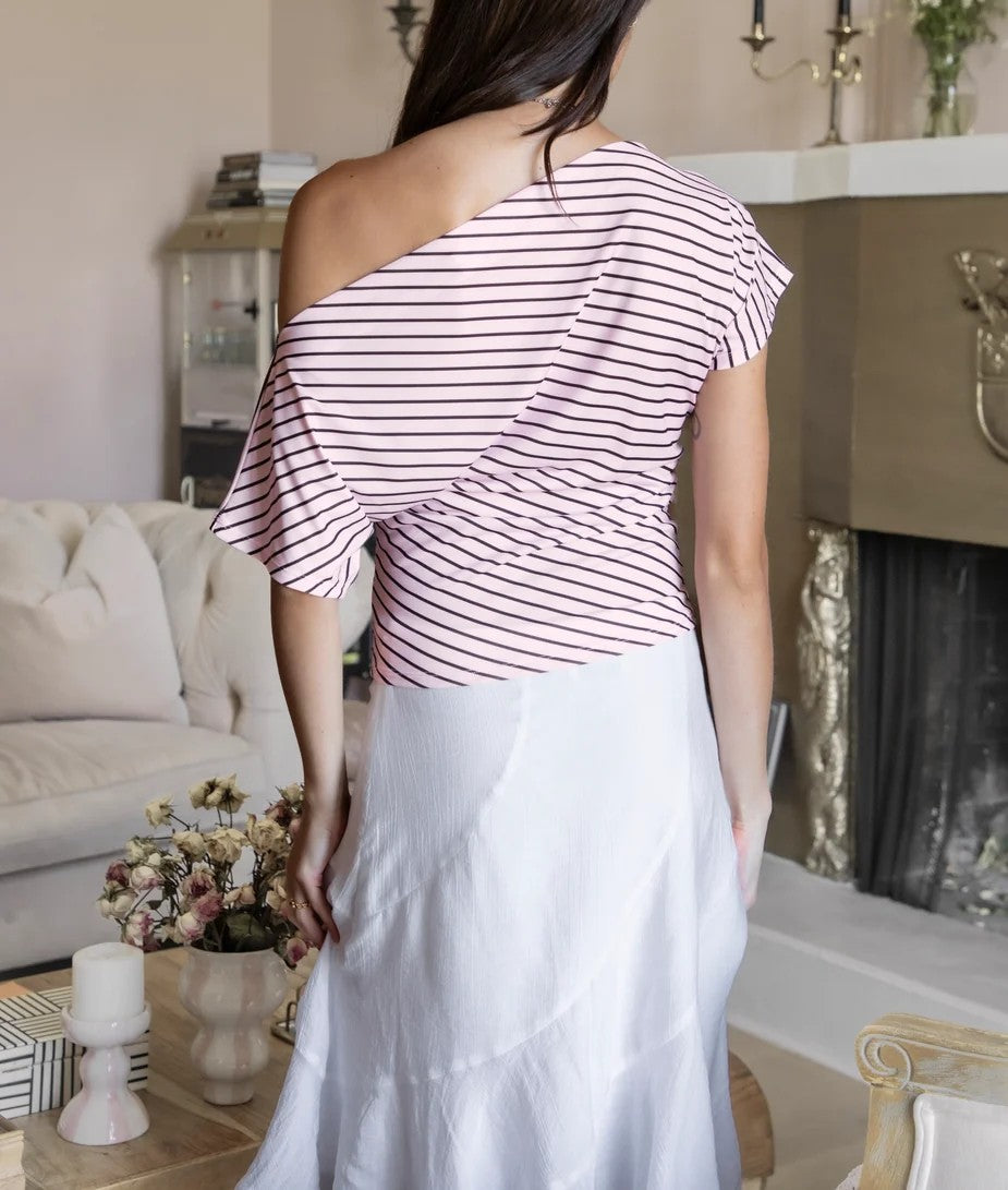 Blusa rayada asimétrica escote abierto manga corta con cintura fruncida
